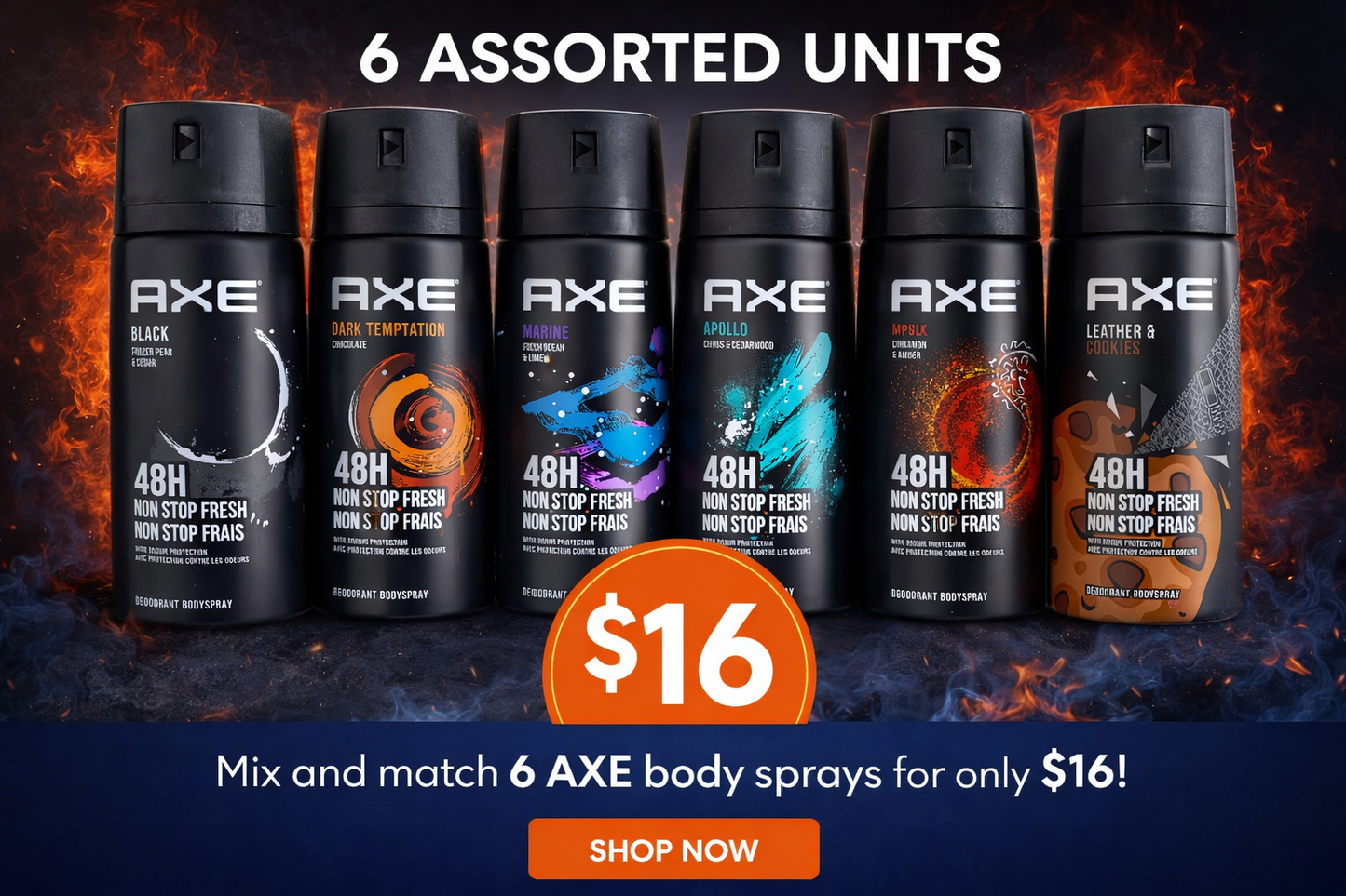 AXE Deodorant and Body Spray - 48 H Non-Stop Freshness - Pack of 6 bottles