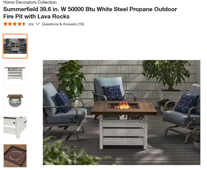 Summerfield 39.6 in. W 50000 Btu White Steel Propane Outdoor Fire Pit with Lava Rocks