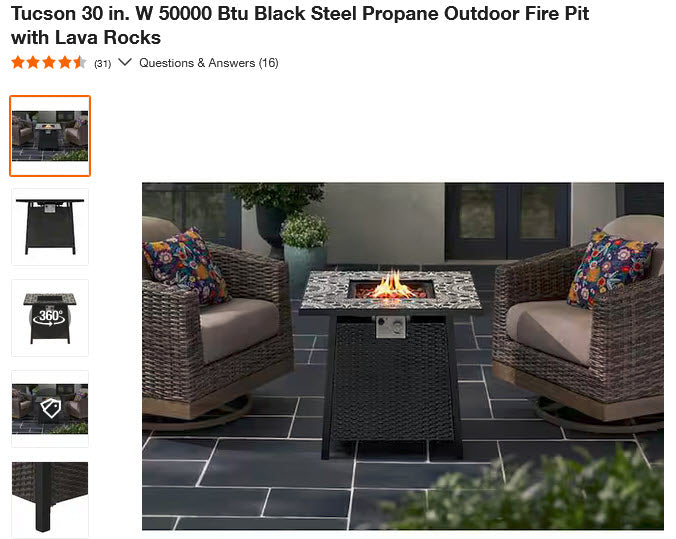 Tucson 30 in. W 50000 Btu Black Steel Propane Outdoor Fire Pit with Lava Rocks