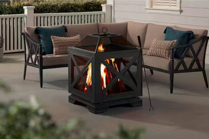 Westbury 25.98 in.W Black Steel Wood Fire Pit w/ Cover, Cooking Grate, Poker Included