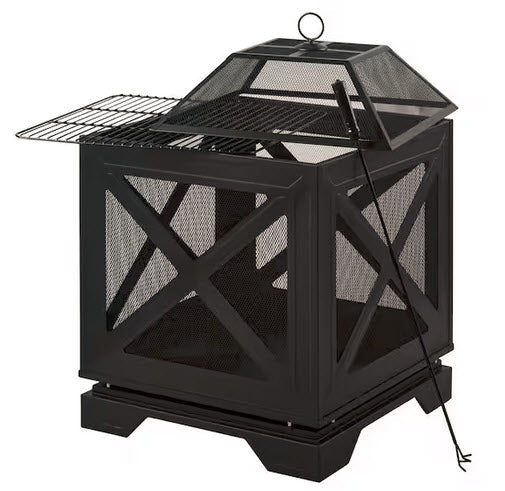 Westbury 25.98 in.W Black Steel Wood Fire Pit w/ Cover, Cooking Grate, Poker Included