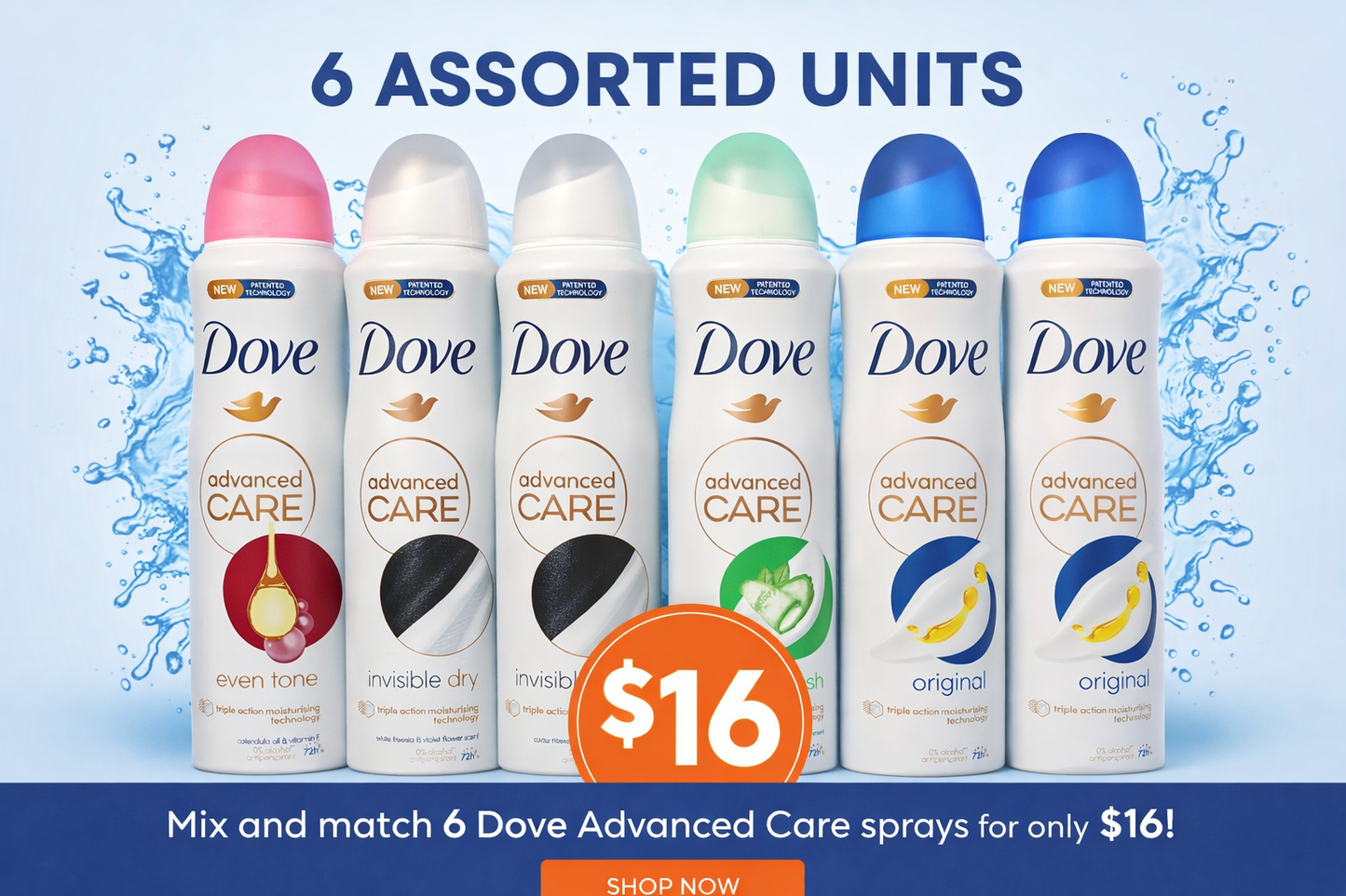 Dove Advanced Care Deodorant 150 ml - 0% Alcohol - Instant Dry - Any 6 Mix and Match (Selling by 6 pieces Package)